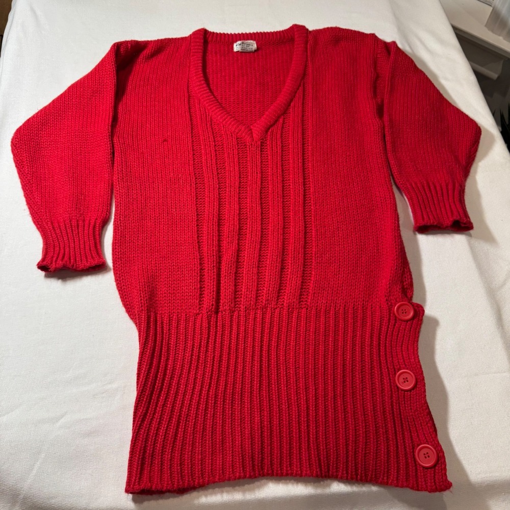 Vtg 1980s Brenda‎ Bim Red V Neck Ribbed Knit Tunic Sweater Buttons Women Small